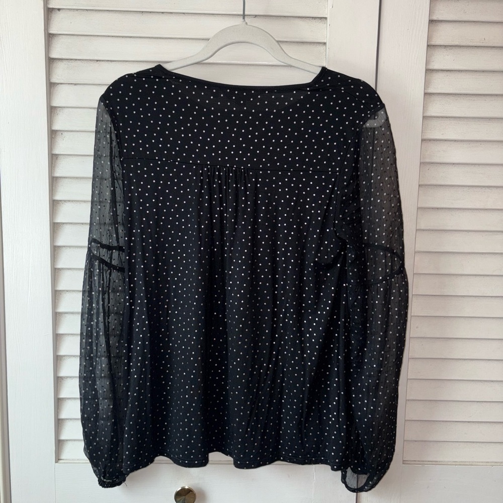 Boden Navy Foul Dot Polka Dot Blouse Sheer Sleeve Tie Neck Top Size 8 - Picture 5 of 6